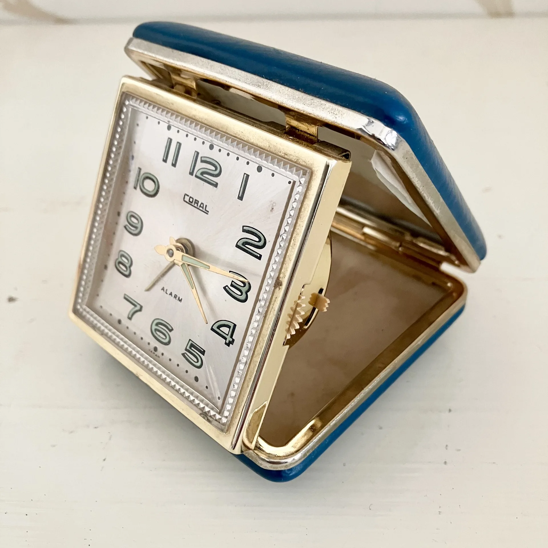 Vintage Wind-Up Folding Travel Alarm Clock – Mid-Century Mechanical Glow-in-the-Dark Clock with Blue Case | Retro Decor Collectible
