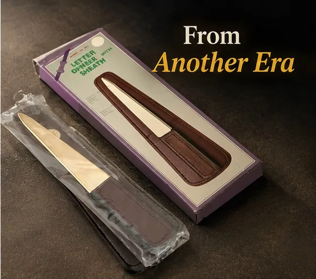 Vintage Telecom Australia Leather Sheathed Brass Letter Opener – Unused Promotional Collectable Desk Piece