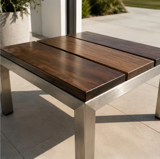 Tait Linear Outdoor Side Table – Spotted Gum & Marine Grade Stainless Steel | Designer Outdoor Furniture Made in Melbourne