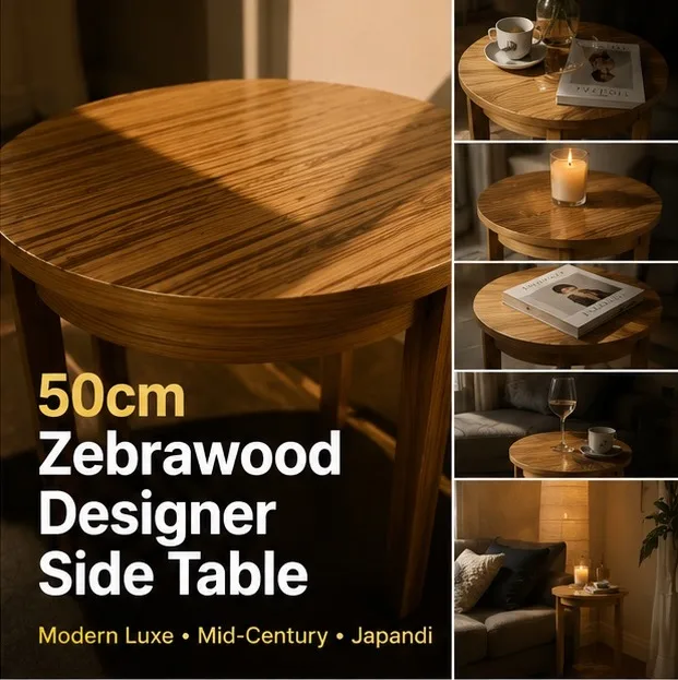 50cm Round Zebrawood Side Table – Designer Zebrano Timber Look Accent Table | Modern Luxe / Mid-Century Décor - Image 2