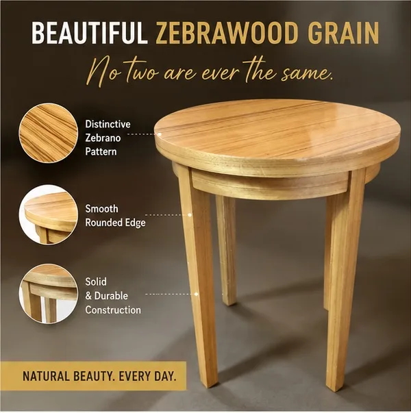 50cm Round Zebrawood Side Table – Designer Zebrano Timber Look Accent Table | Modern Luxe / Mid-Century Décor - Image 3