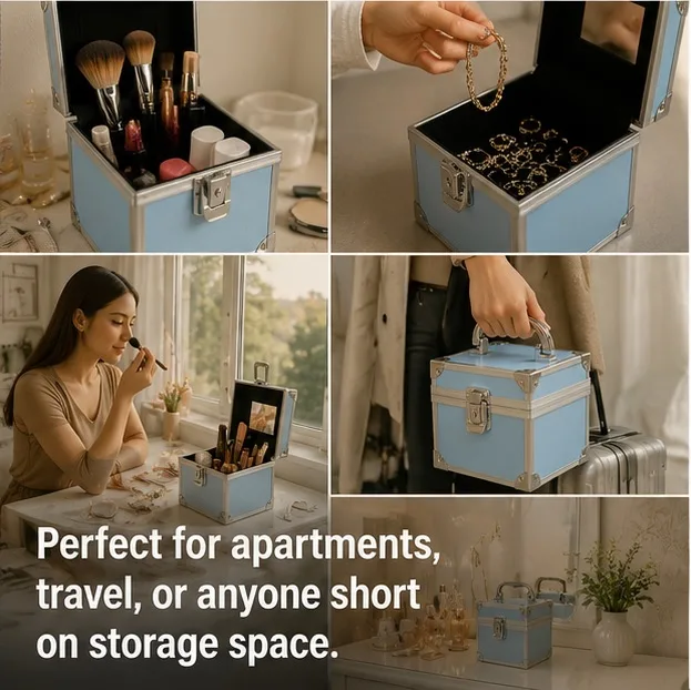 Blue Portable Velvet Lined Alloy Make Up Vanity Storage Cube 13cm
