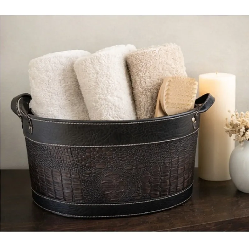 used Brown Printed Mock-Croc-Leather-look Sleek Storage Container - Image 5