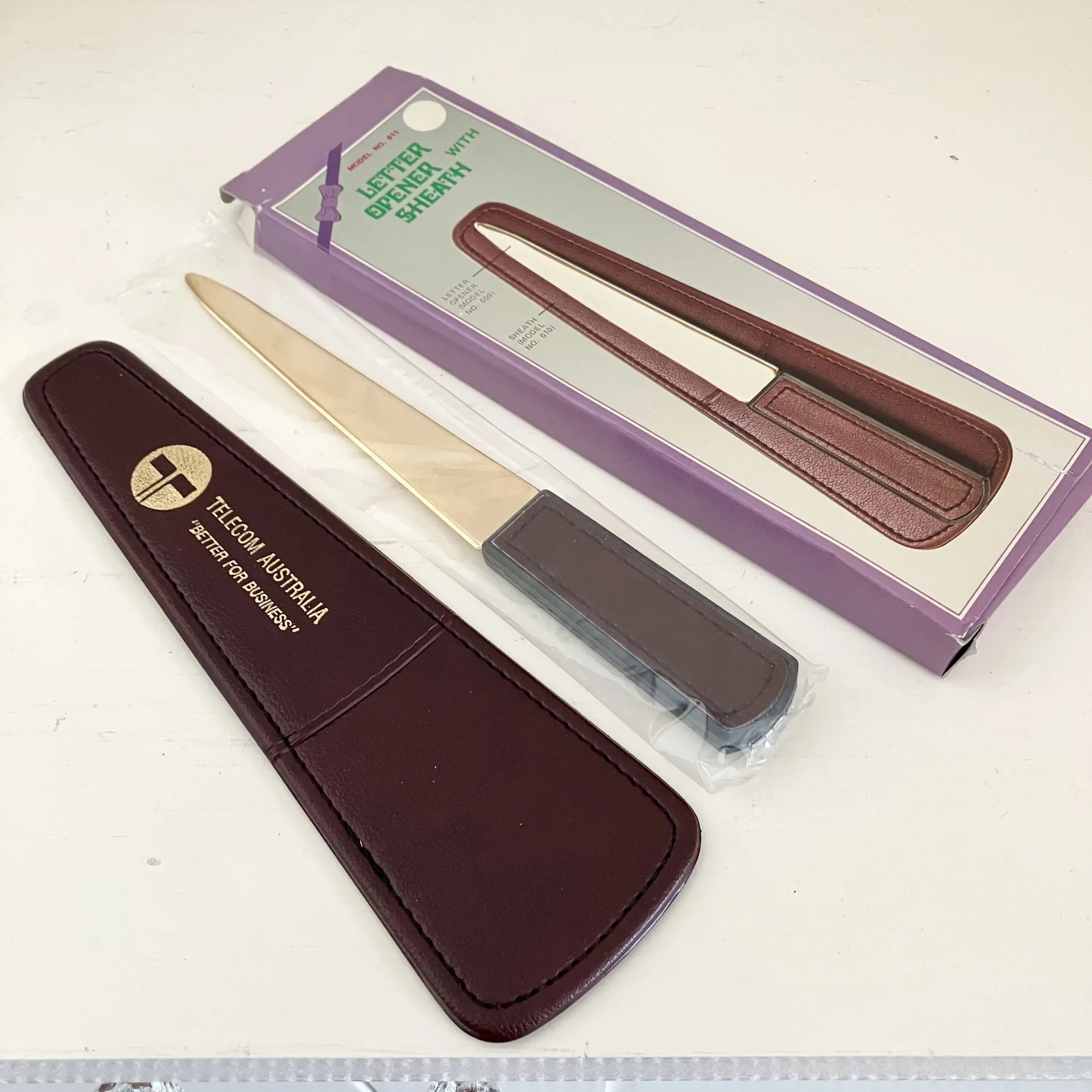 Vintage Telecom Australia Leather Sheathed Brass Letter Opener – Unused Promotional Collectable Desk Piece - Image 3