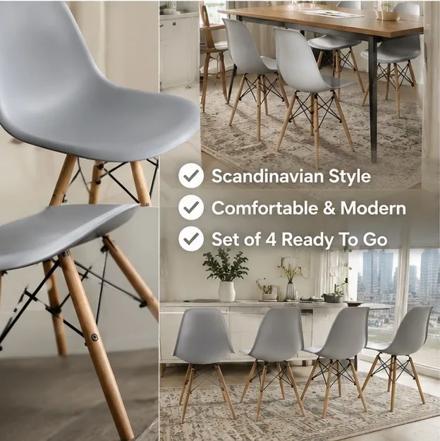 Set of 4 Light Grey Mid-Century Modern Dining Chairs – Beech Wood Legs - Image 4