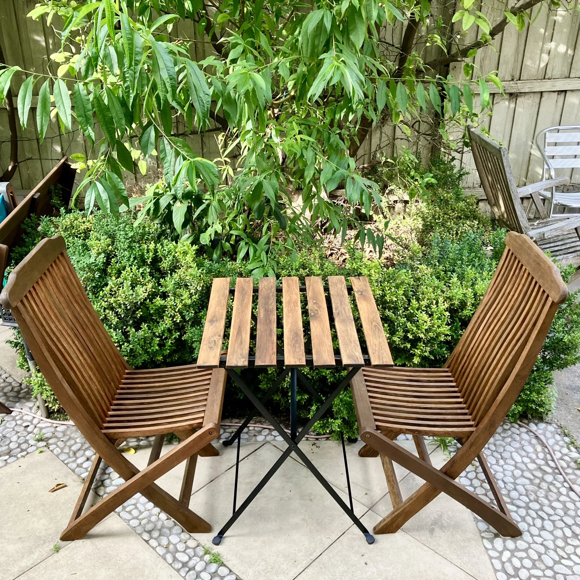 used Pair of Teak Hardwood Folding Chairs and Hardwood Folding Table - Image 2