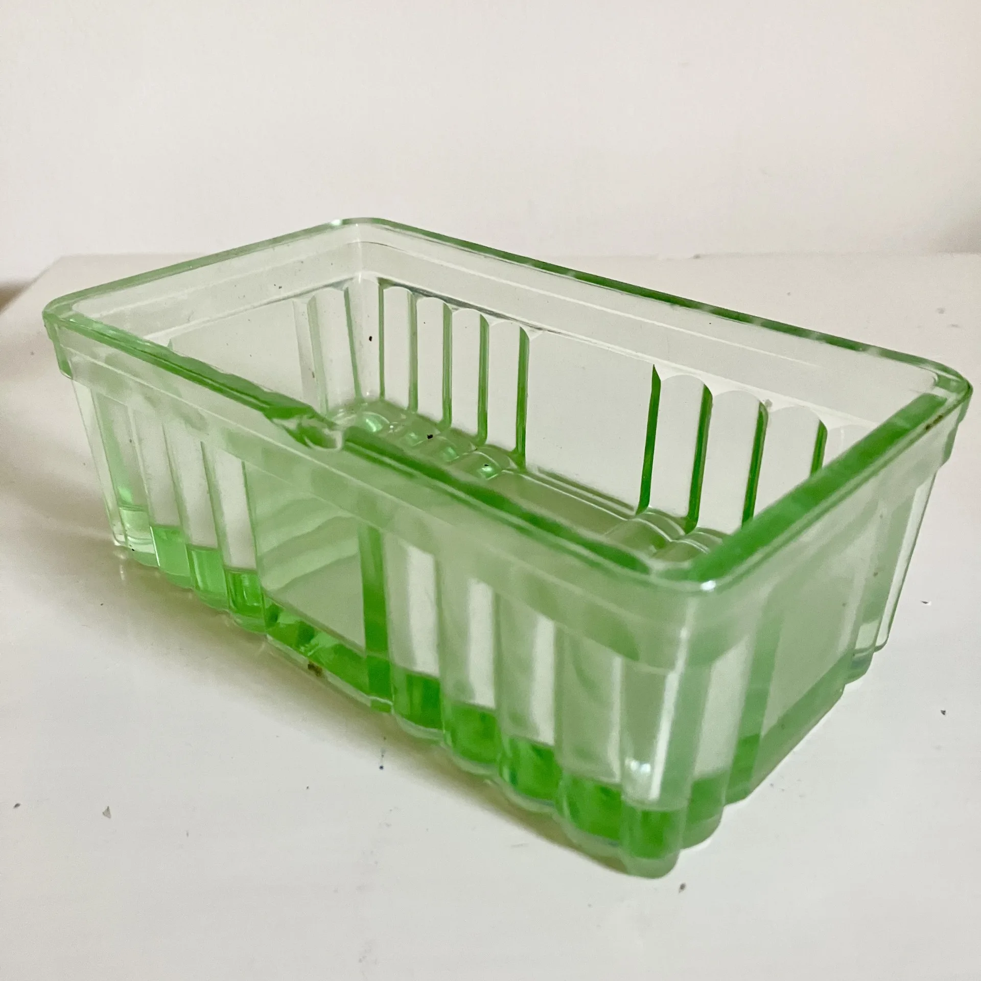 Genuine 1930s Uranium Glass Butter Dish – Vintage Green Depression Glass