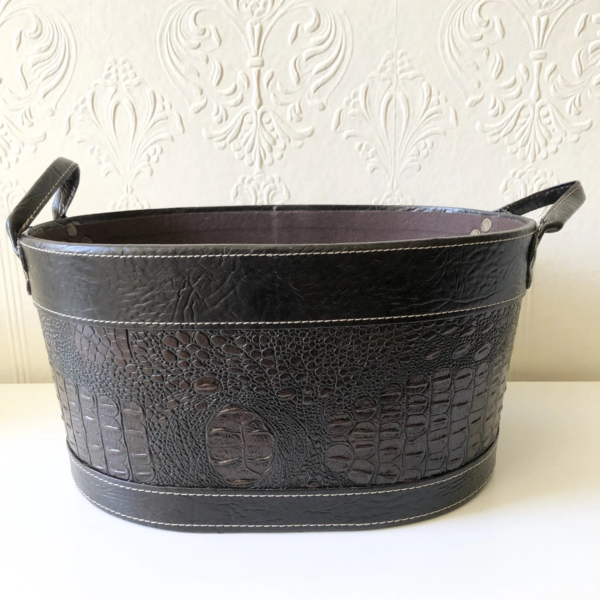 used Brown Printed Mock-Croc-Leather-look Sleek Storage Container - Image 6